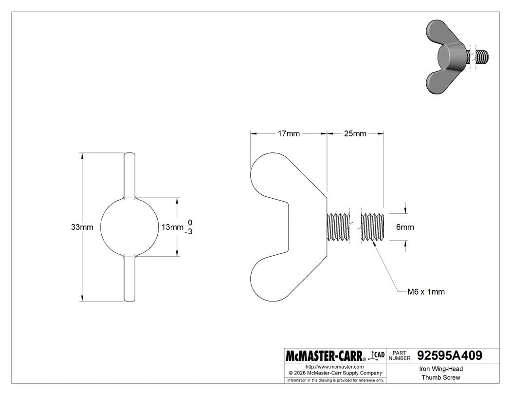 Technical Drawing of Iron Wing-Head Thumb Screw, M6 x 1mm Thread Size, 25mm Long.